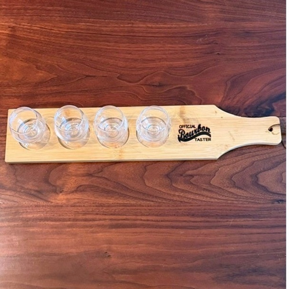 Official Bourbon Taster Bamboo Whiskey Flight Set with 4 Snifter Glasses 17.5"